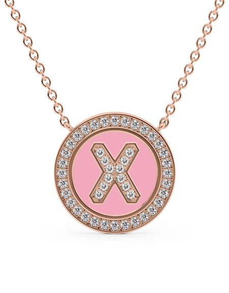 14K Rose Gold Pink X Initial Diamond Disk Pendant