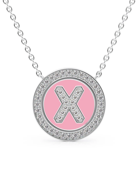 14K White Gold Pink X Initial Diamond Disk Pendant
