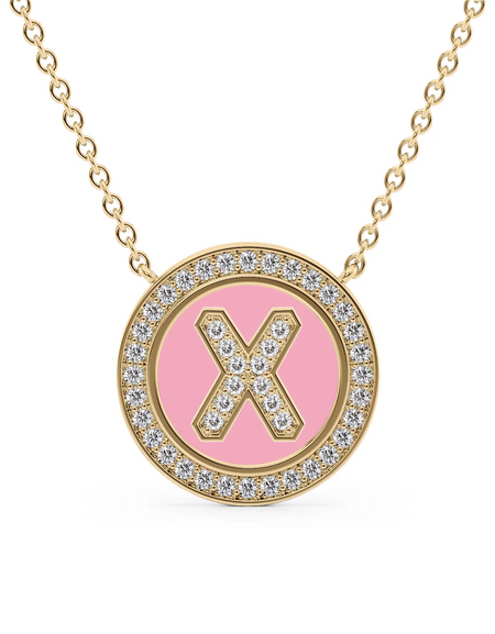14K Yellow Gold Pink X Initial Diamond Disk Pendant