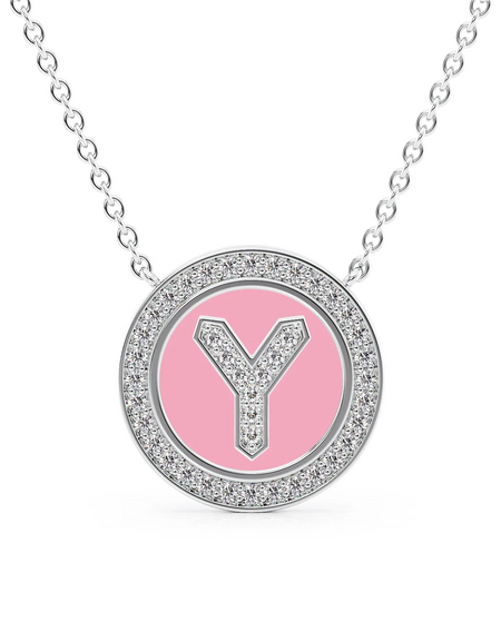 14K White Gold Pink Y Initial Diamond Disk Pendant