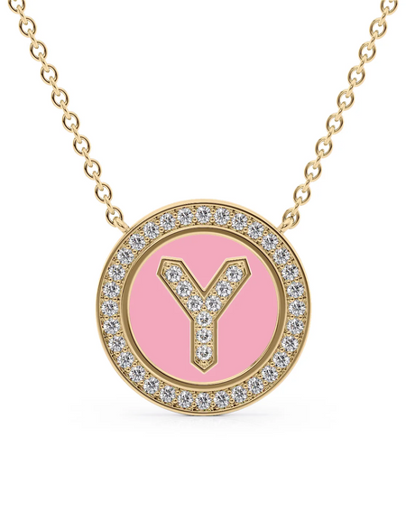 14K Yellow Gold Pink Y Initial Diamond Disk Pendant
