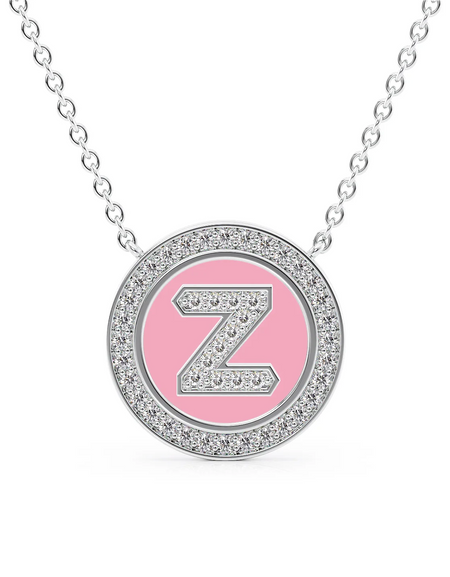 14K White Gold Pink Z Initial Diamond Disk Pendant