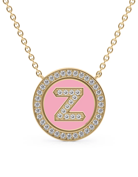 14K Yellow Gold Pink Z Initial Diamond Disk Pendant