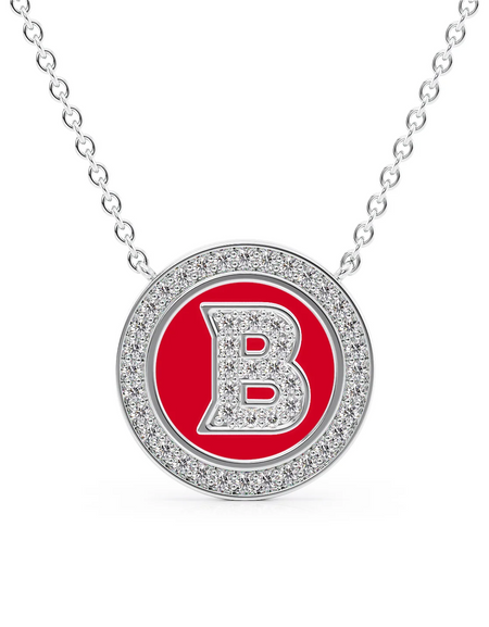 14K White Gold Red B Initial Diamond Disk Pendant