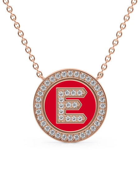14K Rose Gold Red E Initial Diamond Disk Pendant