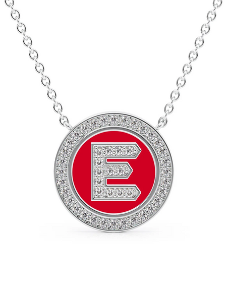 14K White Gold Red E Initial Diamond Disk Pendant