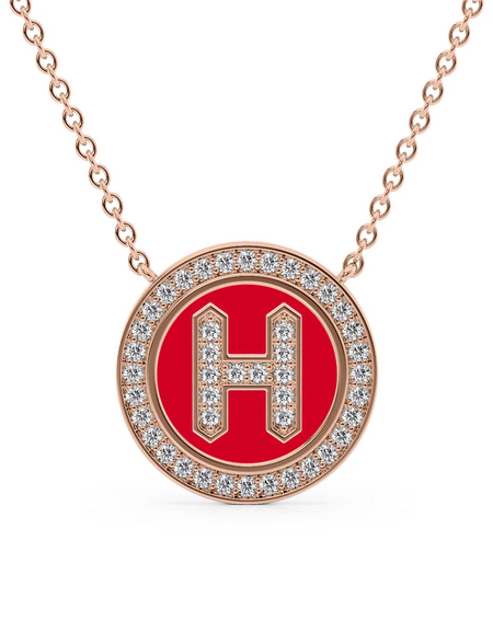 14K Rose Gold Red H Initial Diamond Disk Pendant