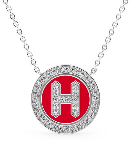 14K White Gold Red H Initial Diamond Disk Pendant