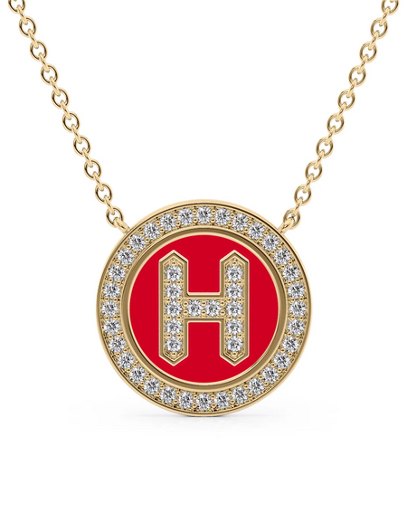 14K Yellow Gold Red H Initial Diamond Disk Pendant