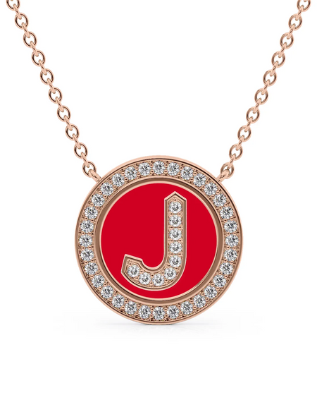 14K Rose Gold Red J Initial Diamond Disk Pendant
