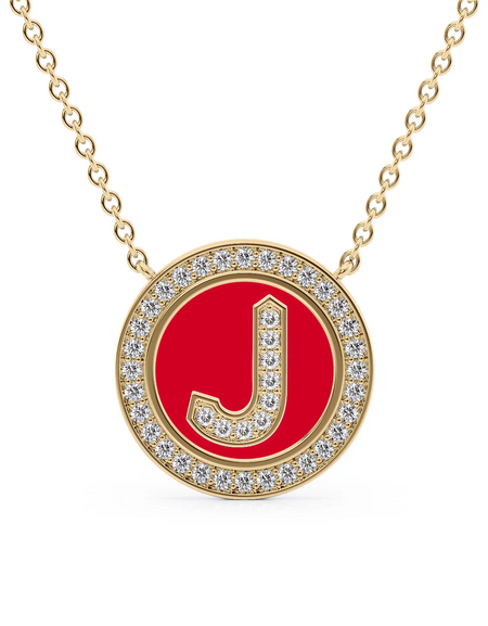 14K Yellow Gold Red J Initial Diamond Disk Pendant