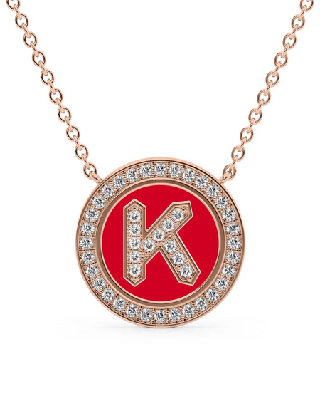 14K Rose Gold Red K Initial Diamond Disk Pendant