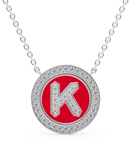 14K White Gold Red K Initial Diamond Disk Pendant