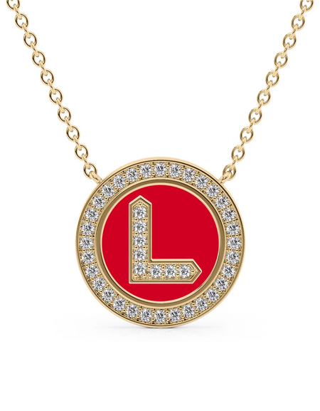 14K Yellow Gold Red L Initial Diamond Disk Pendant