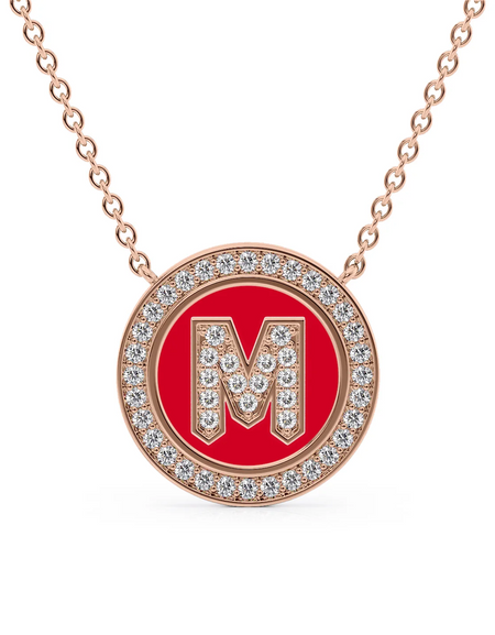 14K Rose Gold Red M Initial Diamond Disk Pendant