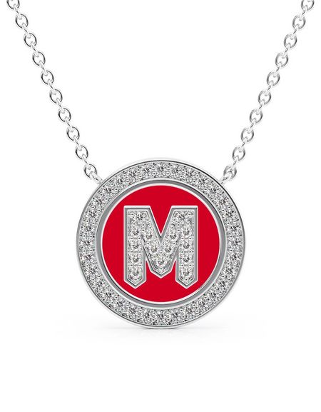 14K White Gold Red M Initial Diamond Disk Pendant