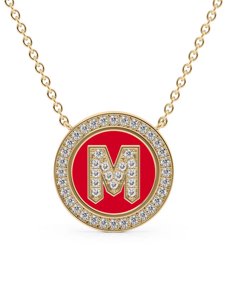 14K Yellow Gold Red M Initial Diamond Disk Pendant