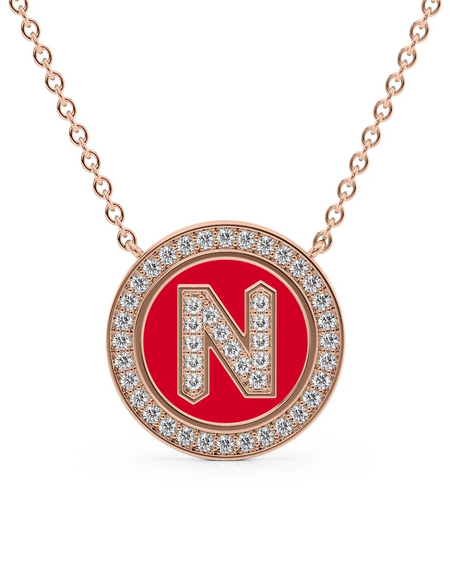 14K Rose Gold Red N Initial Diamond Disk Pendant