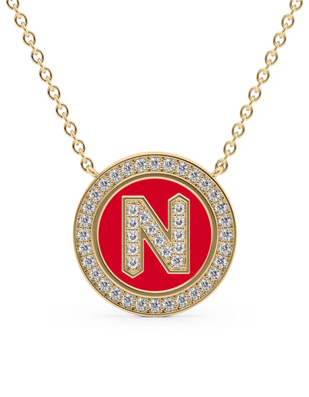 14K Yellow Gold Red N Initial Diamond Disk Pendant