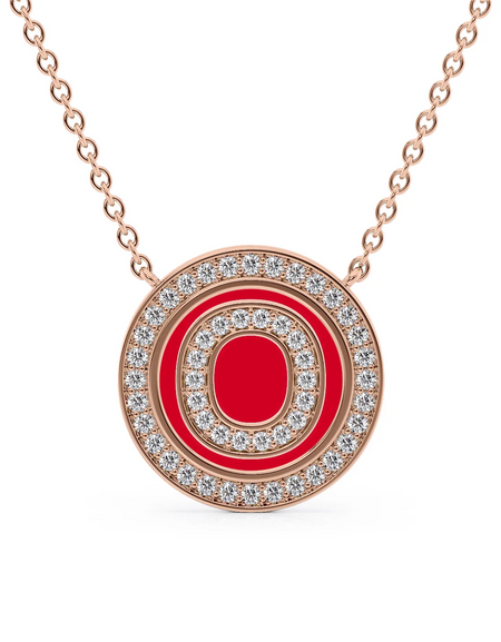 14K Rose Gold Red O Initial Diamond Disk Pendant