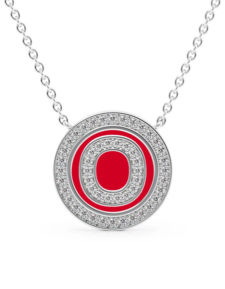 14K White Gold Red O Initial Diamond Disk Pendant