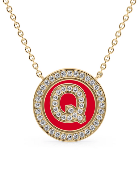 14K Yellow Gold Red Q Initial Diamond Disk Pendant