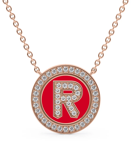 14K Rose Gold Red R Initial Diamond Disk Pendant