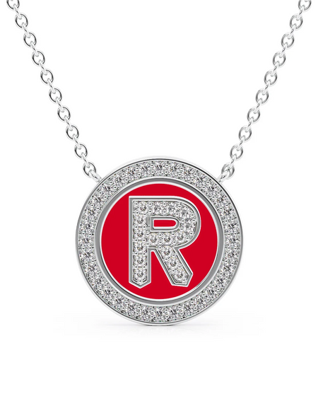 14K White Gold Red R Initial Diamond Disk Pendant