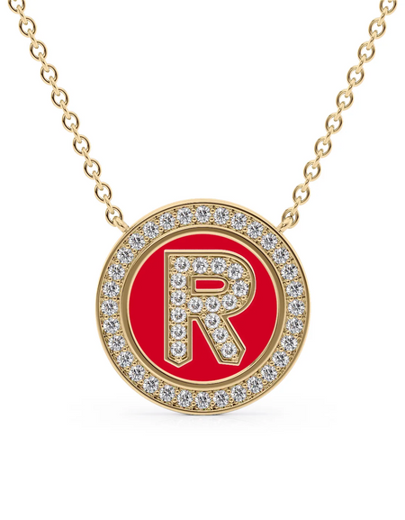 14K Yellow Gold Red R Initial Diamond Disk Pendant
