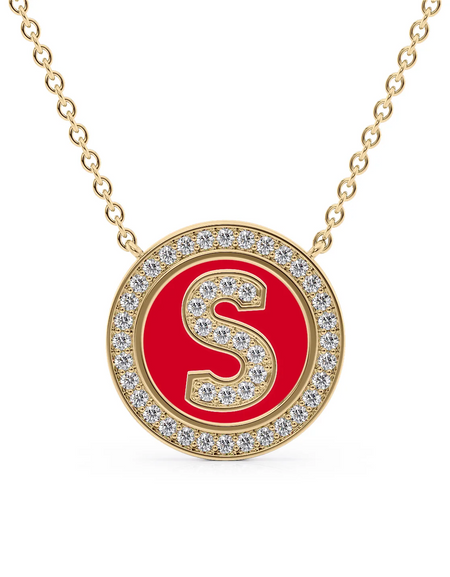 14K Yellow Gold Red S Initial Diamond Disk Pendant