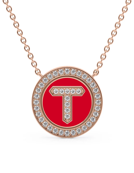 14K Rose Gold Red T Initial Diamond Disk Pendant