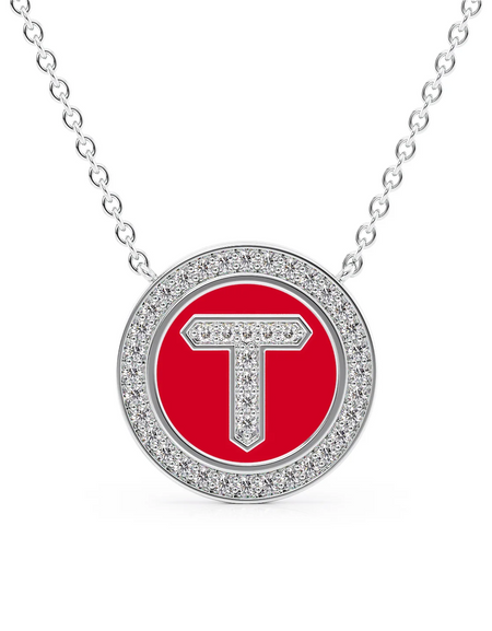 14K White Gold Red T Initial Diamond Disk Pendant