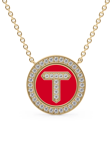 14K Yellow Gold Red T Initial Diamond Disk Pendant