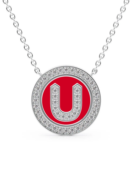 14K White Gold Red U Initial Diamond Disk Pendant