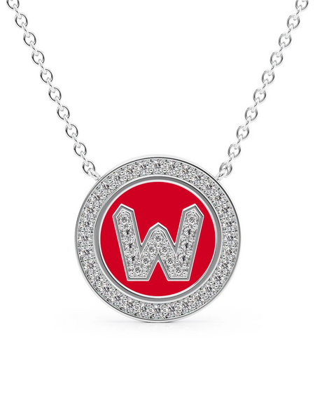 14K White Gold Red W Initial Diamond Disk Pendant