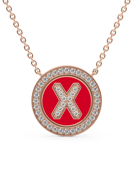 14K Rose Gold Red X Initial Diamond Disk Pendant