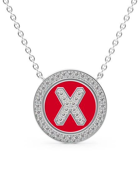 14K White Gold Red X Initial Diamond Disk Pendant