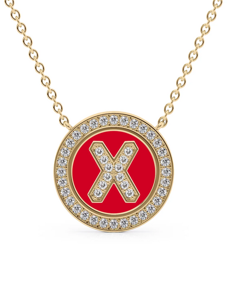 14K Yellow Gold Red X Initial Diamond Disk Pendant