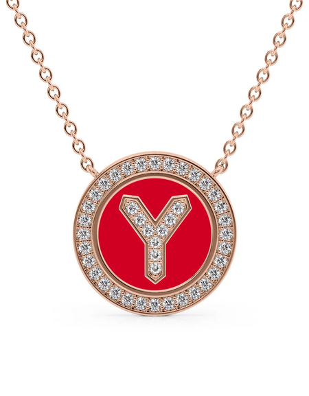 14K Rose Gold Red Y Initial Diamond Disk Pendant