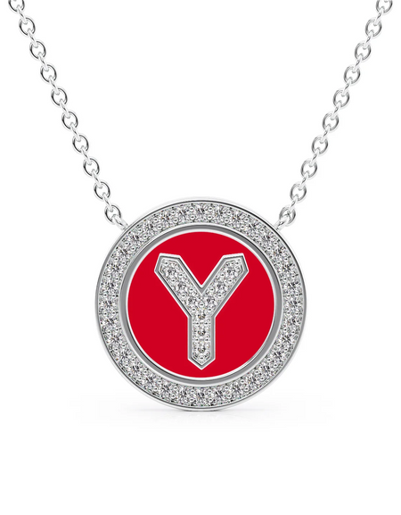 14K White Gold Red Y Initial Diamond Disk Pendant