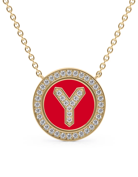 14K Yellow Gold Red Y Initial Diamond Disk Pendant