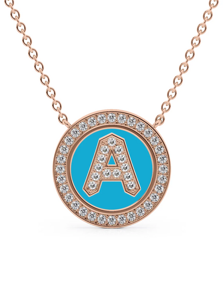 14K Rose Gold Turquoise A Initial Diamond Disk Pendant