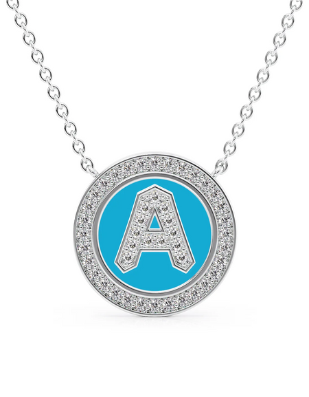 14K White Gold Turquoise A Initial Diamond Disk Pendant