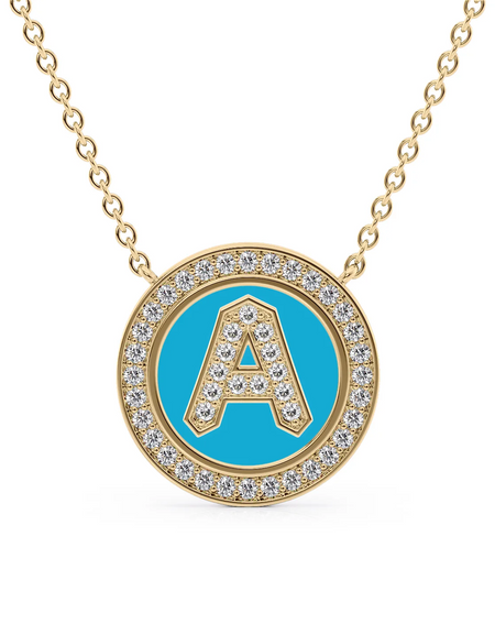 14K Yellow Gold Turquoise A Initial Diamond Disk Pendant
