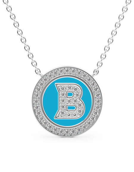 14K White Gold Turquoise B Initial Diamond Disk Pendant