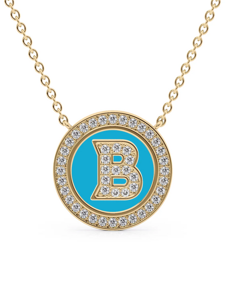 14K Yellow Gold Turquoise B Initial Diamond Disk Pendant