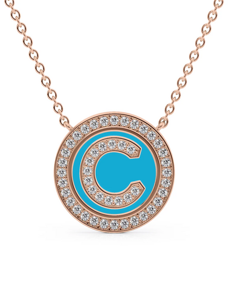 14K Rose Gold Turquoise C Initial Diamond Disk Pendant