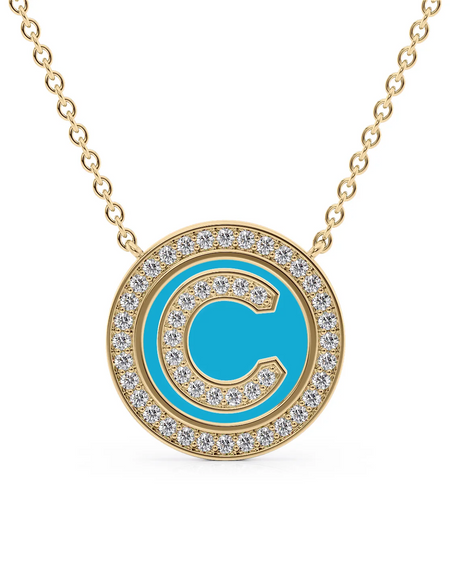 14K Yellow Gold Turquoise C Initial Diamond Disk Pendant