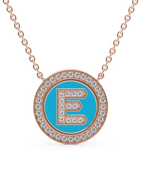 14K Rose Gold Turquoise E Initial Diamond Disk Pendant