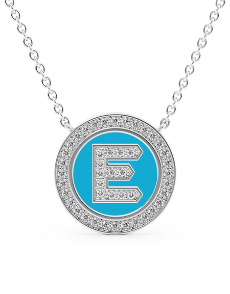 14K White Gold Turquoise E Initial Diamond Disk Pendant